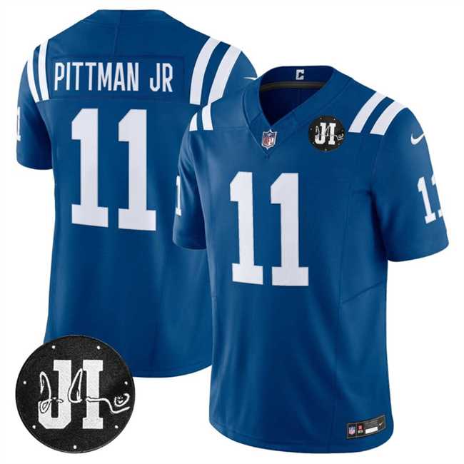 Men%27s Indianapolis Colts #11 Michael Pittman Jr. Blue 2025 F.U.S.E. Jim Irsay Patch Vapor Limited Stitched Jersey Dzhi