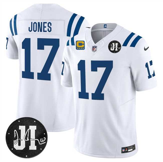 Men%27s Indianapolis Colts #17 Daniel Jones White 2025 F.U.S.E. With 4-Star C Patch And Jim Irsay Patch Vapor Limited Stitched Jersey Dzhi