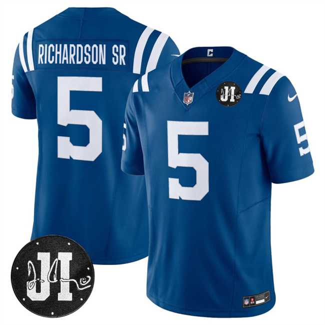 Men%27s Indianapolis Colts #5 Anthony Richardson Blue 2025 F.U.S.E. Jim Irsay Patch Vapor Limited Stitched Jersey Dzhi