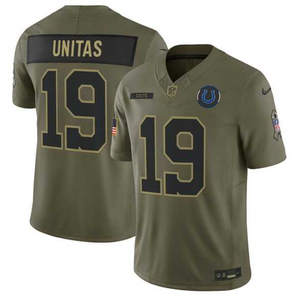 Men%27s Indianapolis Colts #19 Johnny Unitas Olive 2025 Salute to Service Limited Stitched Jersey Dyin
