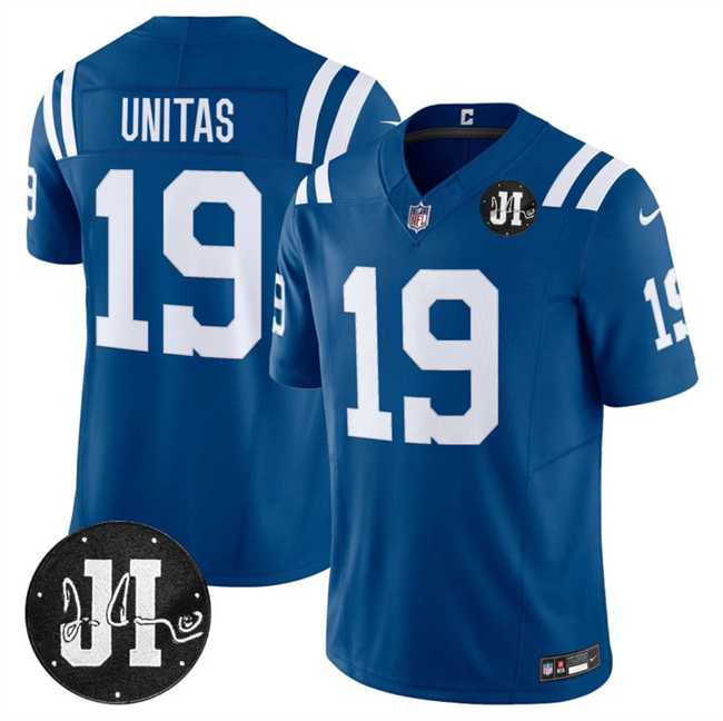 Men%27s Indianapolis Colts #19 Johnny Unitas Blue 2025 F.U.S.E. Jim Irsay Patch Vapor Limited Stitched Jersey Dzhi