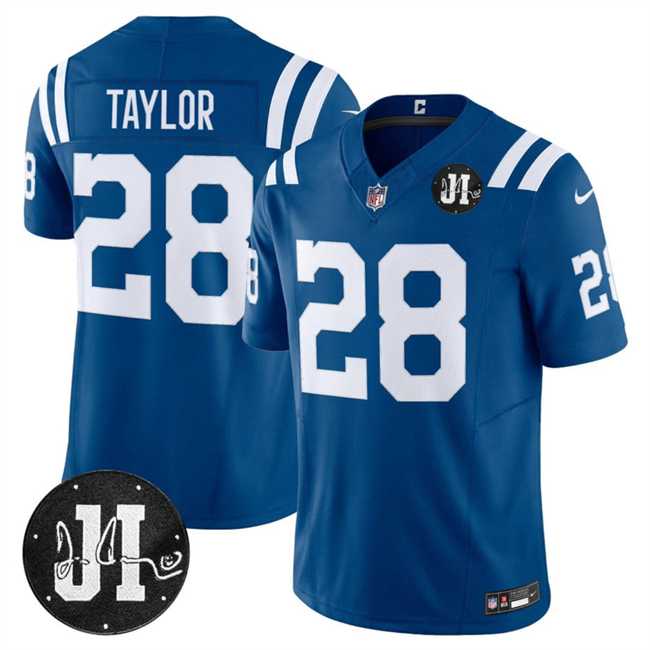 Men%27s Indianapolis Colts #28 Jonathan Taylor Blue 2025 F.U.S.E. Jim Irsay Patch Vapor Limited Stitched Jersey Dzhi
