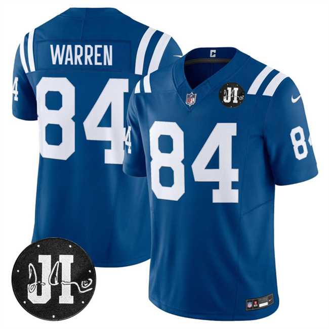Men%27s Indianapolis Colts #84 Tyler Warren Blue 2025 F.U.S.E. Jim Irsay Patch Vapor Limited Stitched Jersey Dzhi