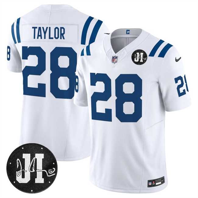 Men%27s Indianapolis Colts #28 Jonathan Taylor White 2025 F.U.S.E. Jim Irsay Patch Vapor Limited Stitched Jersey Dzhi