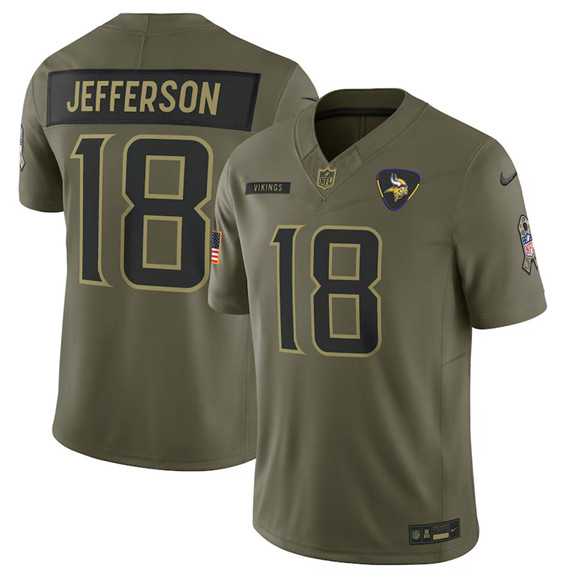 Men%27s Minnesota Vikings #18 Justin Jefferson Olive 2025 Salute to Service Limited Stitched Jersey Dyin