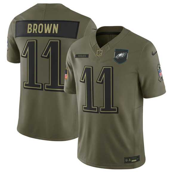 Men%27s Philadelphia Eagles #11 A.J. Brown Olive 2025 Salute to Service Limited Stitched Jersey Dyin