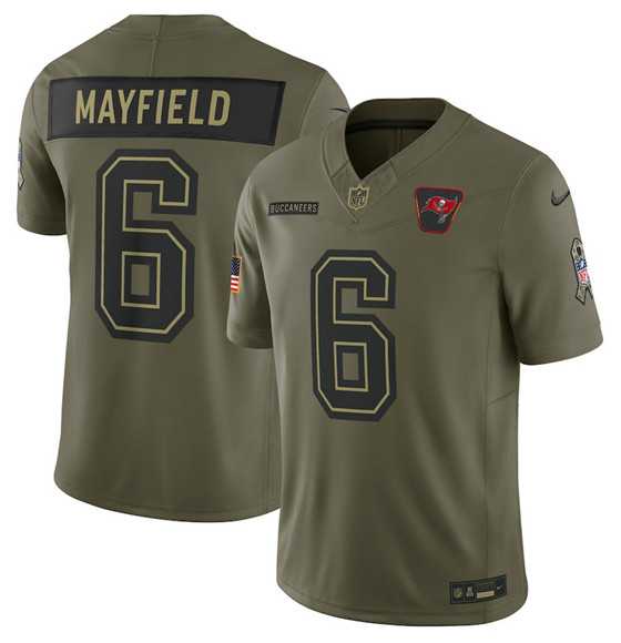 Men%27s Tampa Bay Buccaneers #6 Baker Mayfield Olive 2025 Salute to Service Limited Stitched Jersey Dyin