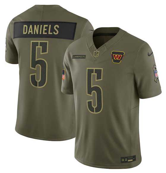 Men%27s Washington Commanders #5 Jayden Daniels Olive 2025 Salute to Service Limited Stitched Jersey Dyin