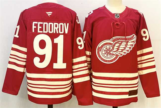 Men%27s Detroit Red Wings #91 Sergei Fedorov Red 2025-26 Centennial Premium Stitched Jersey