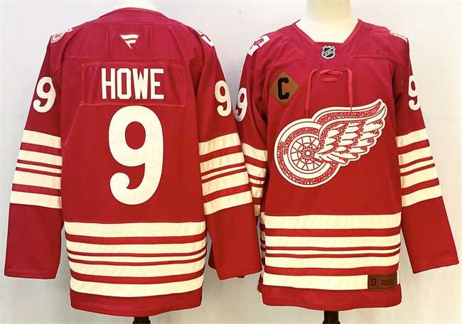 Men%27s Detroit Red Wings #9 Gordie Howe Red 2025-26 With C Patch Centennial Premium Stitched Jersey